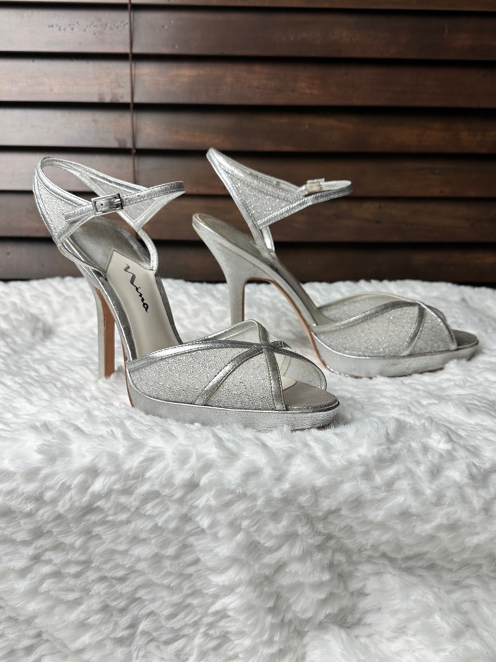 Nina Silver Glitter Platform Ankle-Strap Heels Includes Dust Bag Size 7.5